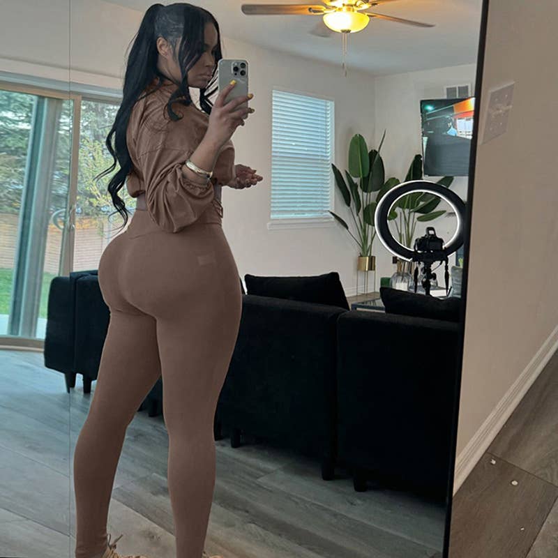 Lily Clothing - Wholesale Top & Pant Set (NOT Loungewear) - Women's - Drawstring Crop Top High Waist Skinny Pants Set57