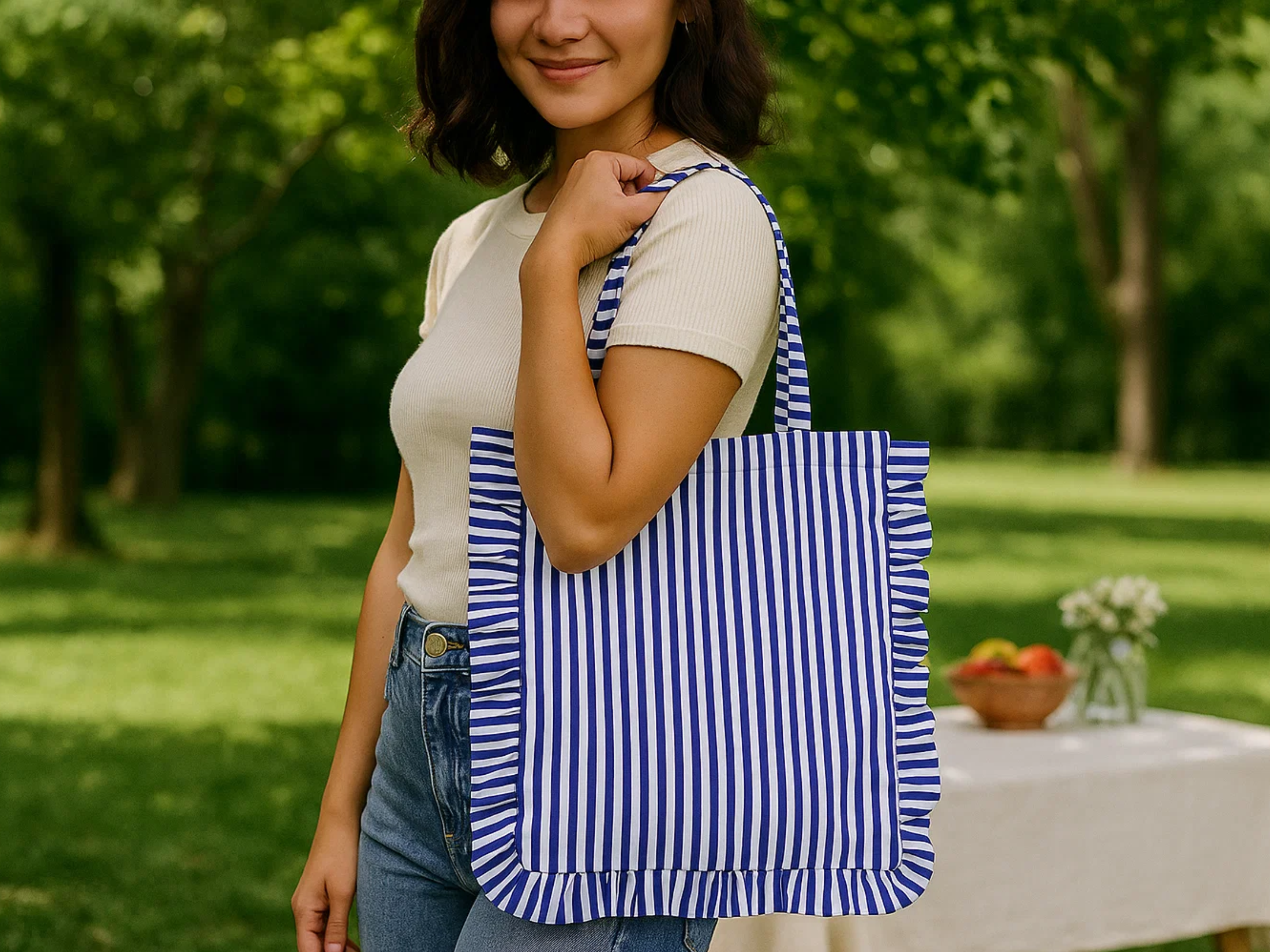 House of Kraft Jewelry & Accessories - Wholesale Tote Bag - Women's - Stripe Ruffle Tote | Canvas Tote Bag | Daily Canvas Tote6