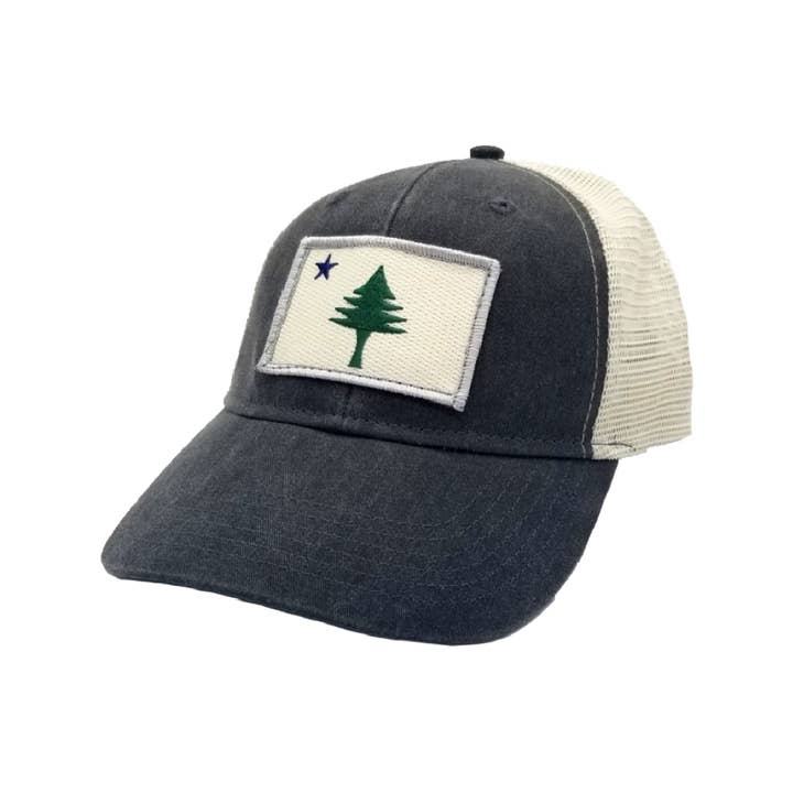 Maine Flag Trucker Hat Black Denim for wholesale by Rogue Life Maine