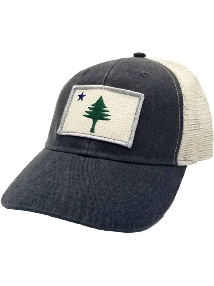 Maine Flag Trucker Hat Black Denim for wholesale by Rogue Life Maine
