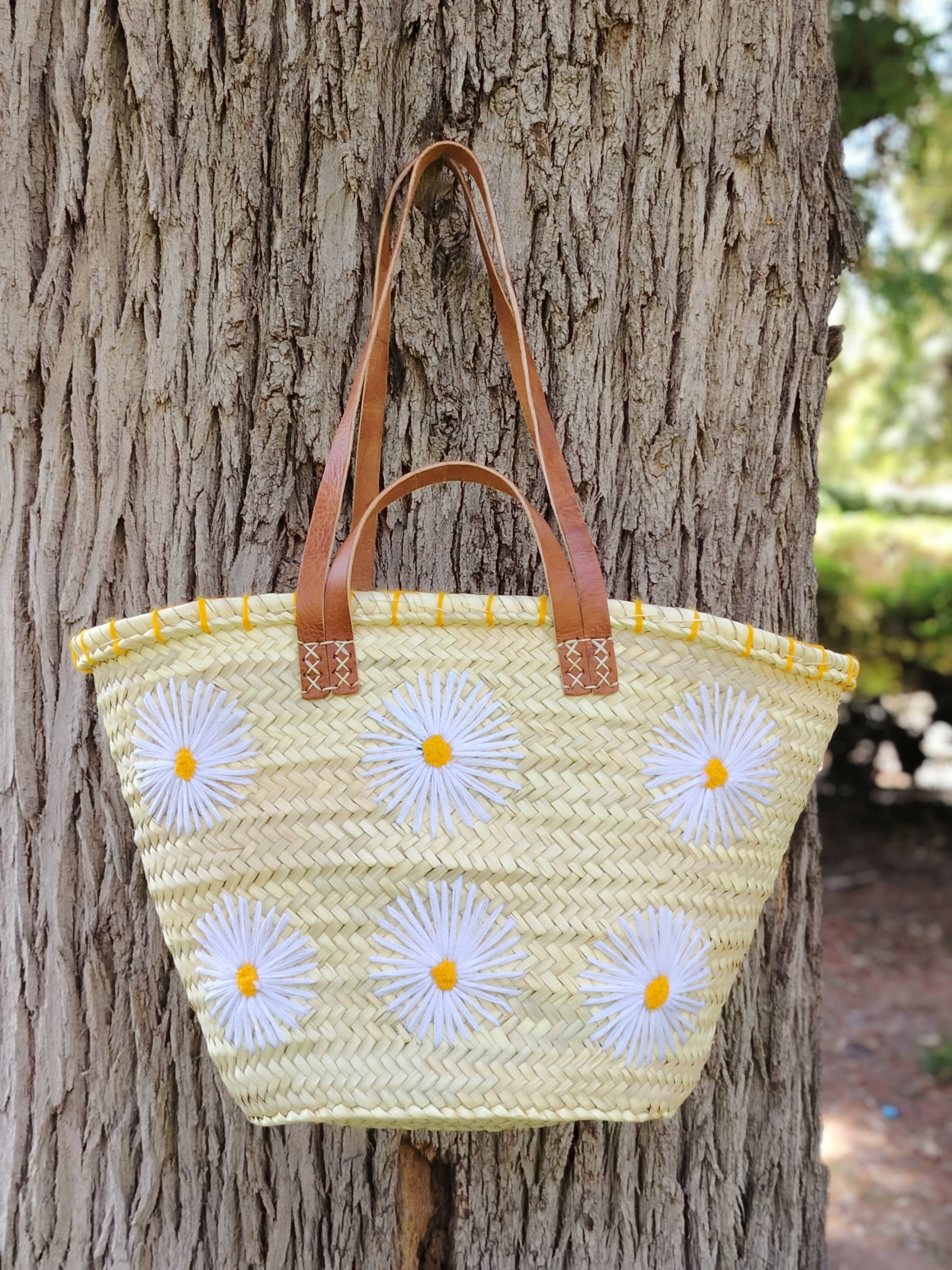 Twins Basket - Vente Sac de plage - Panier de marché en paille tressée à la main avec marguerites brodées6