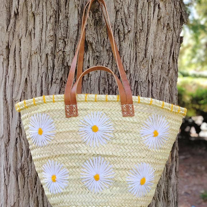 Twins Basket - Vente Sac de plage - Panier de marché en paille tressée à la main avec marguerites brodées6