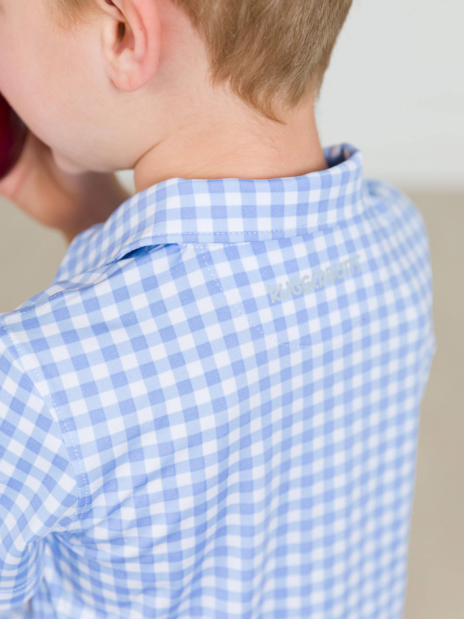 Boys Classic Periwinkle Blue Gingham Knit Short Sleeve Performance Polo for wholesale on Faire3