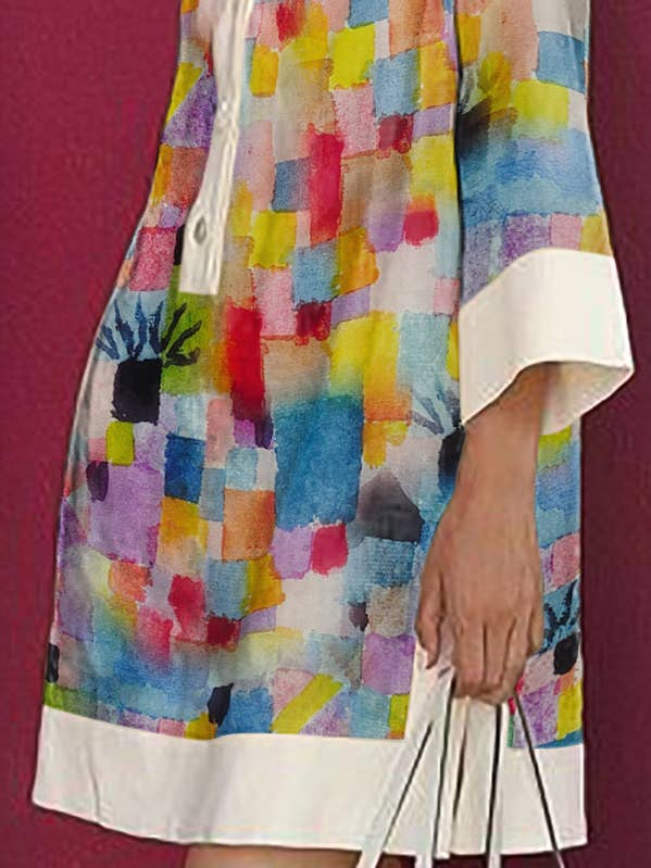 COLORFUL Long Sleeves Loose Printed Split-Joint Lapel Mini Dresses Shirt Dress for wholesale on Faire