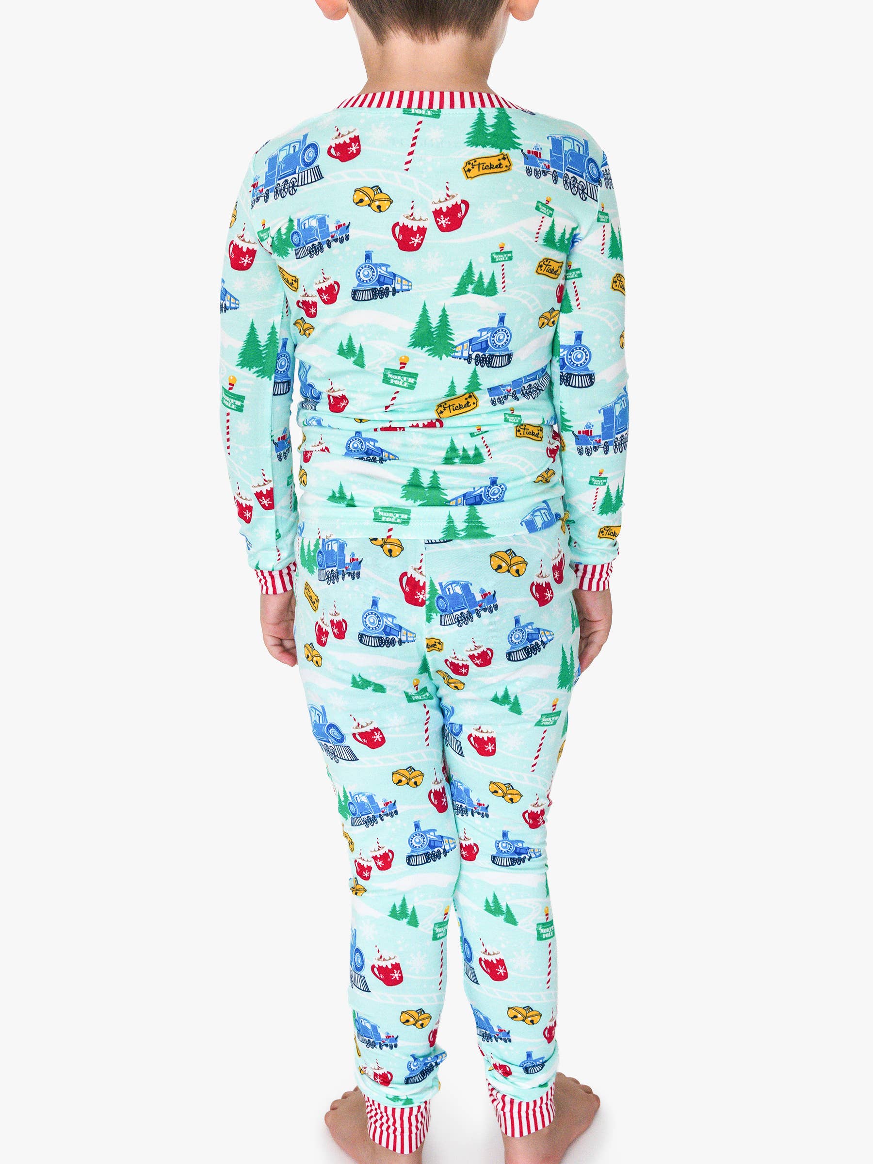 Blue SoftSnooze™ Kids Bamboo Viscose Snowy Train Tracks Long Sleeve Pajama Set for wholesale on Faire3
