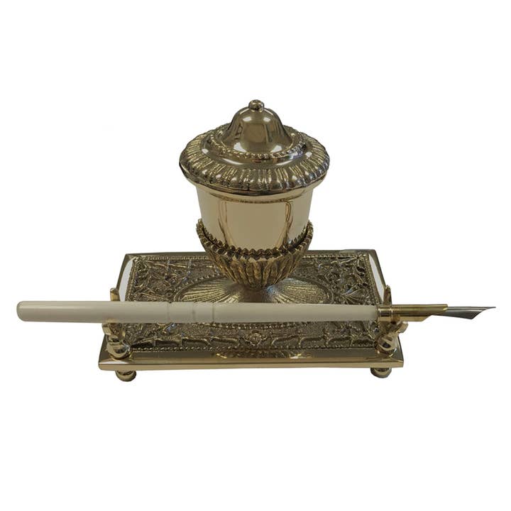 Brass Inkwell Pen Holder with Pen & Ink, 5” for wholesale by Madison Bay Co. - Historical Home Decor Reproductions
