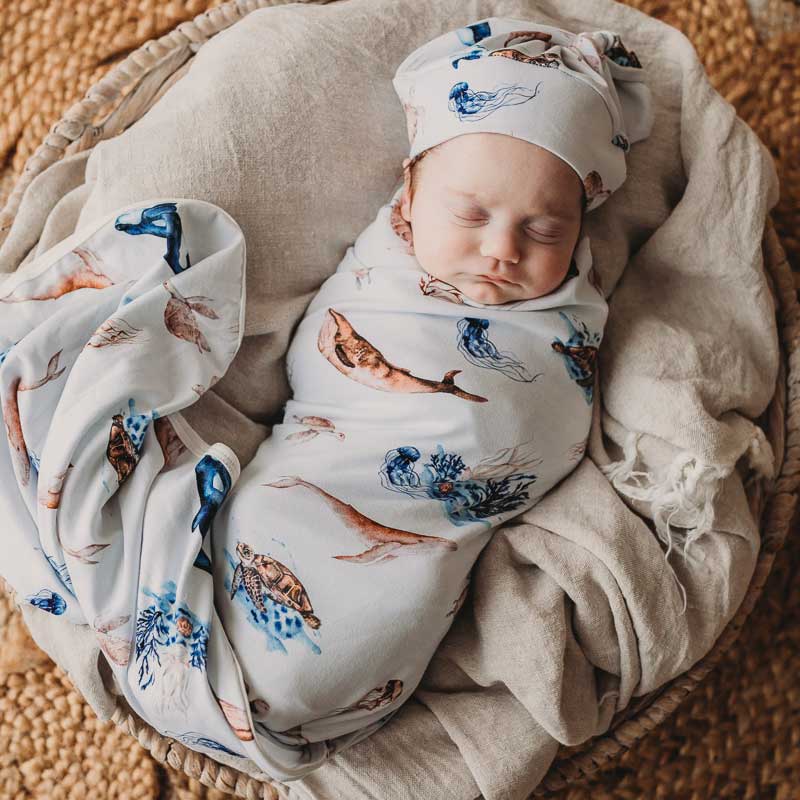SNUGGLY JACKS - Wholesale Swaddle set – Baby - Ocean Jersey Swaddle Stretch Wrap & Beanie2