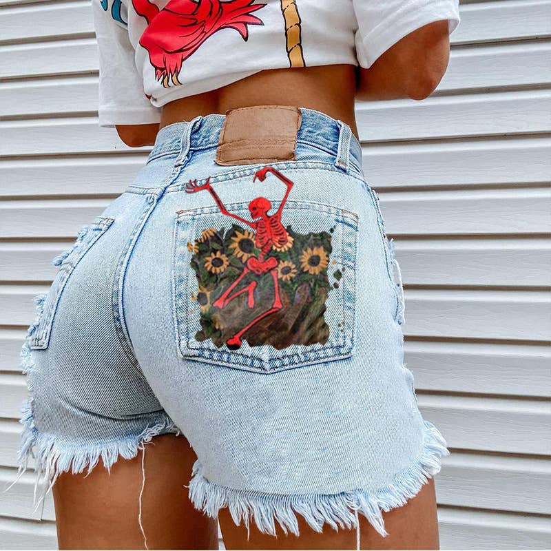 Tourtiwi - Vente Short – femme - Short en jean imprimé crâne tournesol pour femmes6