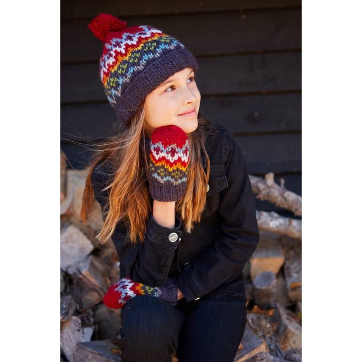 One Colour Kids Clifden Knitted Wool Fair Isle Knit Bobble Hat Navy for wholesale on Faire5