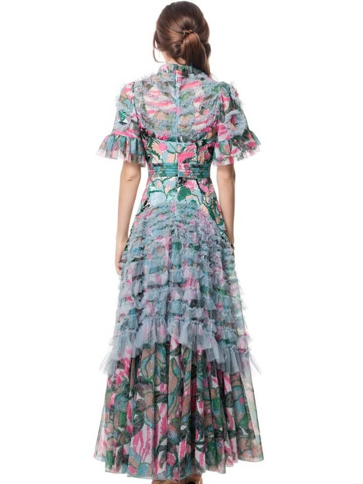 Color as pictures DR592Y Hand-Printed Lotus Leaf Lace Dress with Beaded Detail for wholesale on Faire4