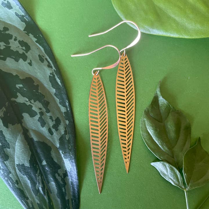 Narrow Leaf Gold Dangle Earrings for wholesale by Plant Lover