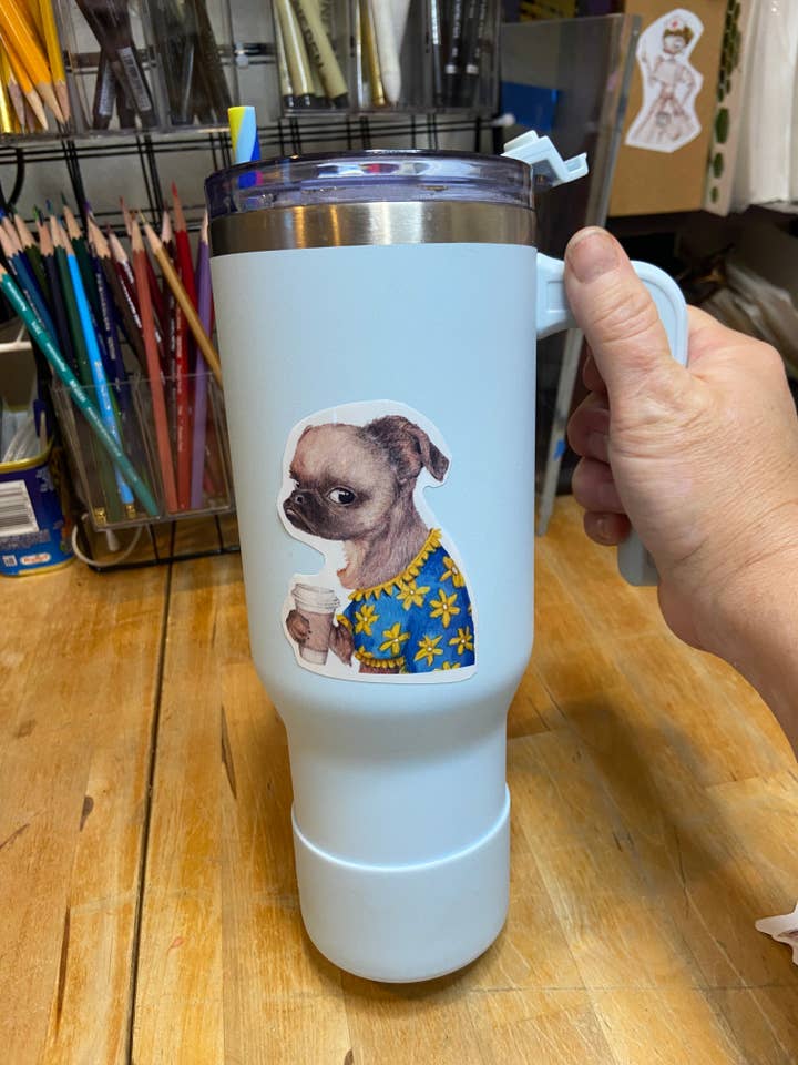 Autocollant de café pour chien, autocollant pour journal, autocollant pour ordinateur portable, autocollant à thème café pour la vente par Melissa the Artist