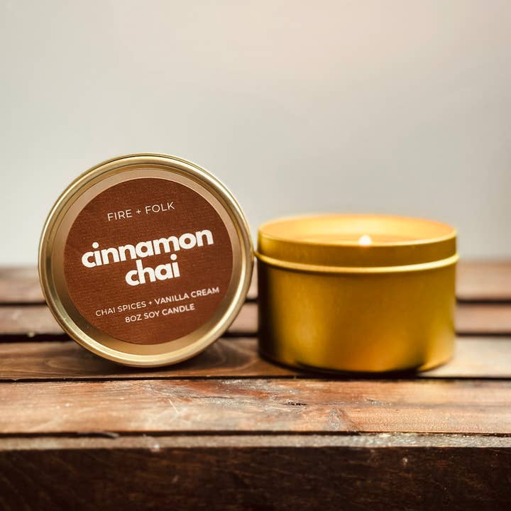 Cinnamon Chai | 8oz Wood Wick Candle Tin for wholesale by FIRE + FOLK