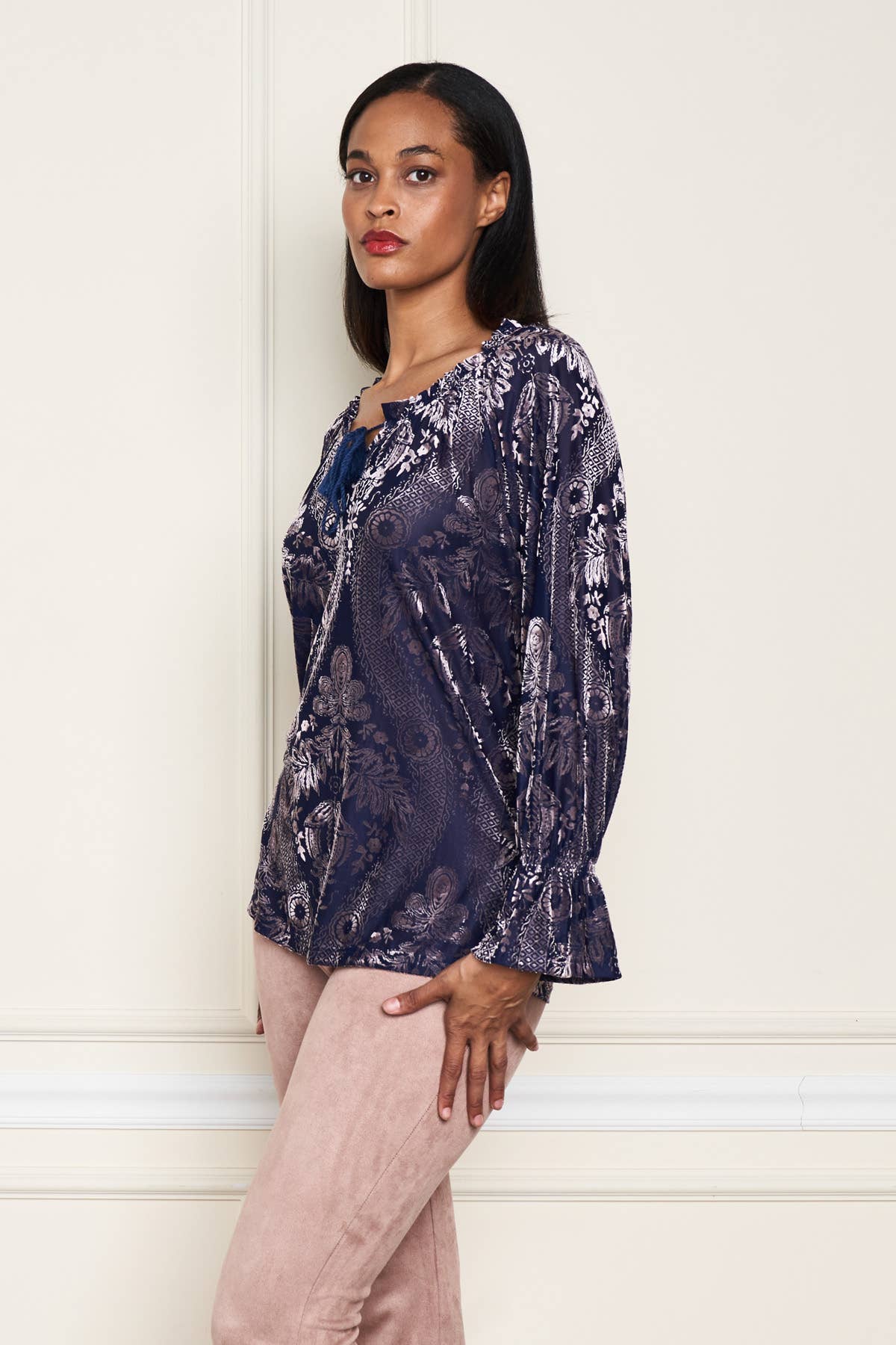 Blue Gray 5530-MAT Burnout Velvet Knit Peasant Top for wholesale on Faire2