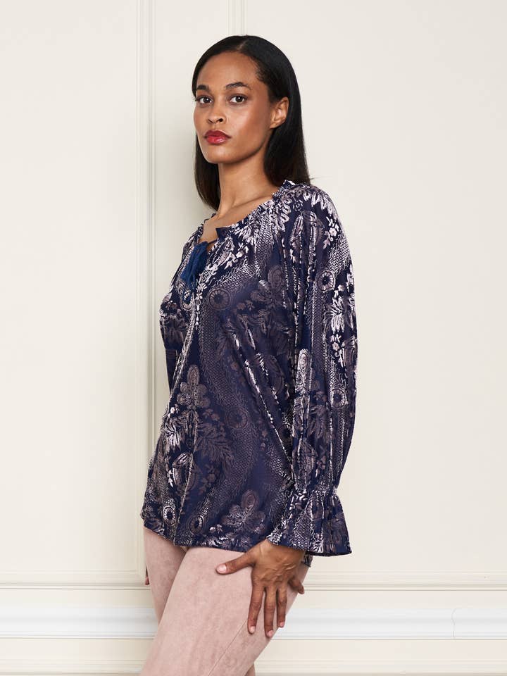 Blue Gray 5530-MAT Burnout Velvet Knit Peasant Top for wholesale on Faire2