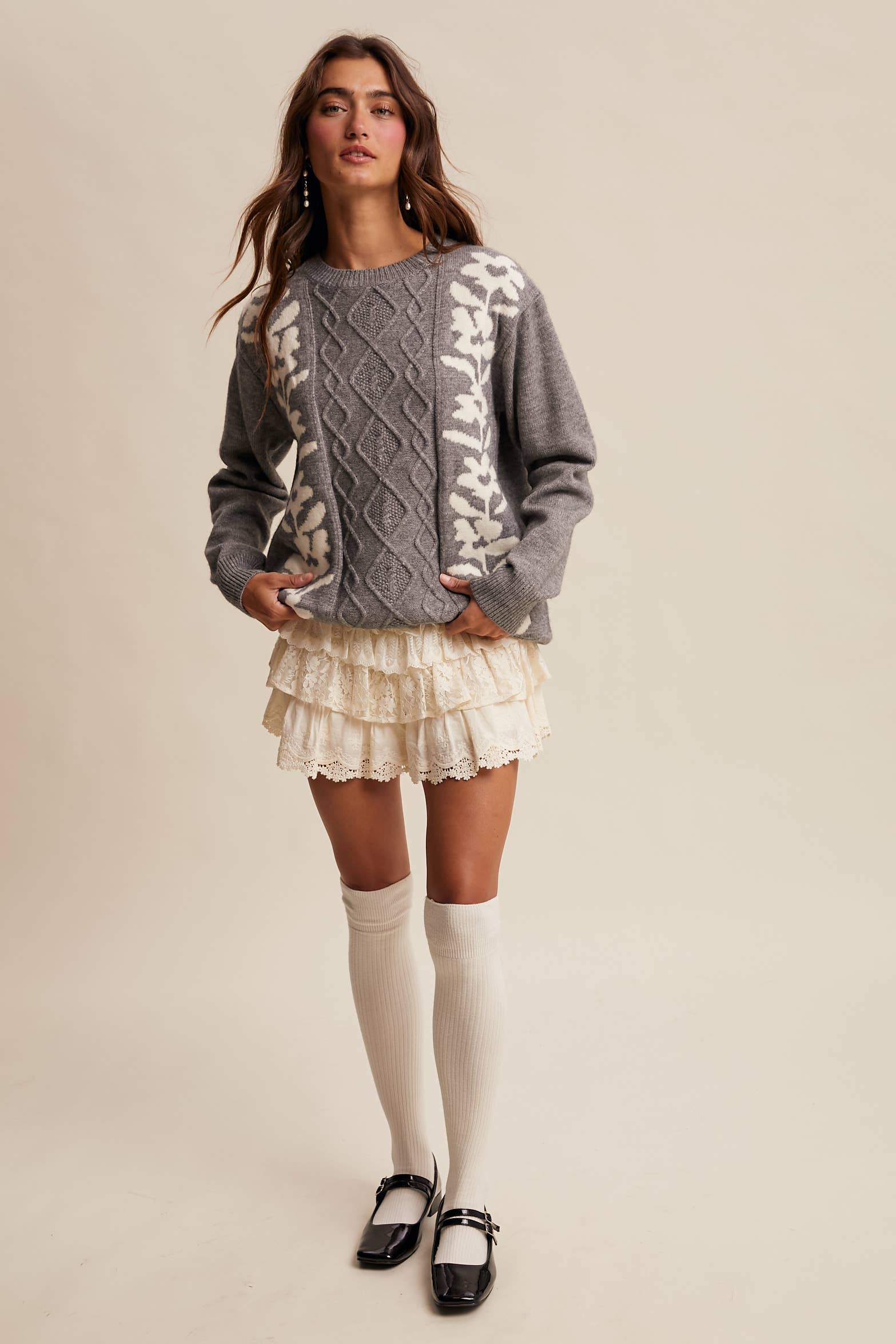 Listicle - Wholesale Knit Sweater - Women's - Floral Panel Cable Knit Sweater (LSW0880)27