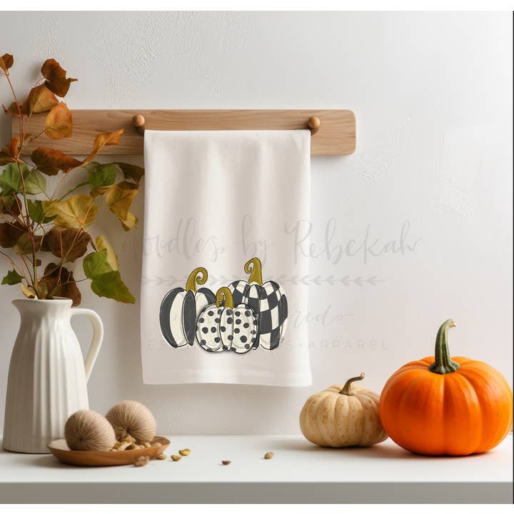 Black & White 3 trio Pumpkins Tea Towel for wholesale by Doodles By Rebekah