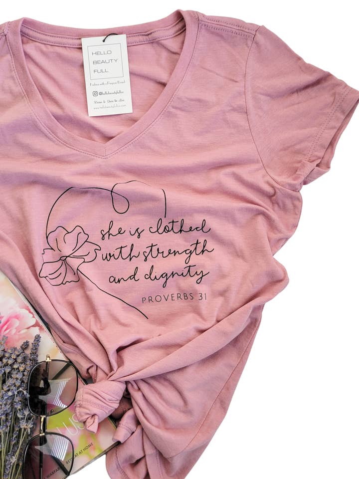 Proverbs 31 Woman T-Shirt, She is clothed in strength, mama for wholesale by Hello Beauty Full & Co.