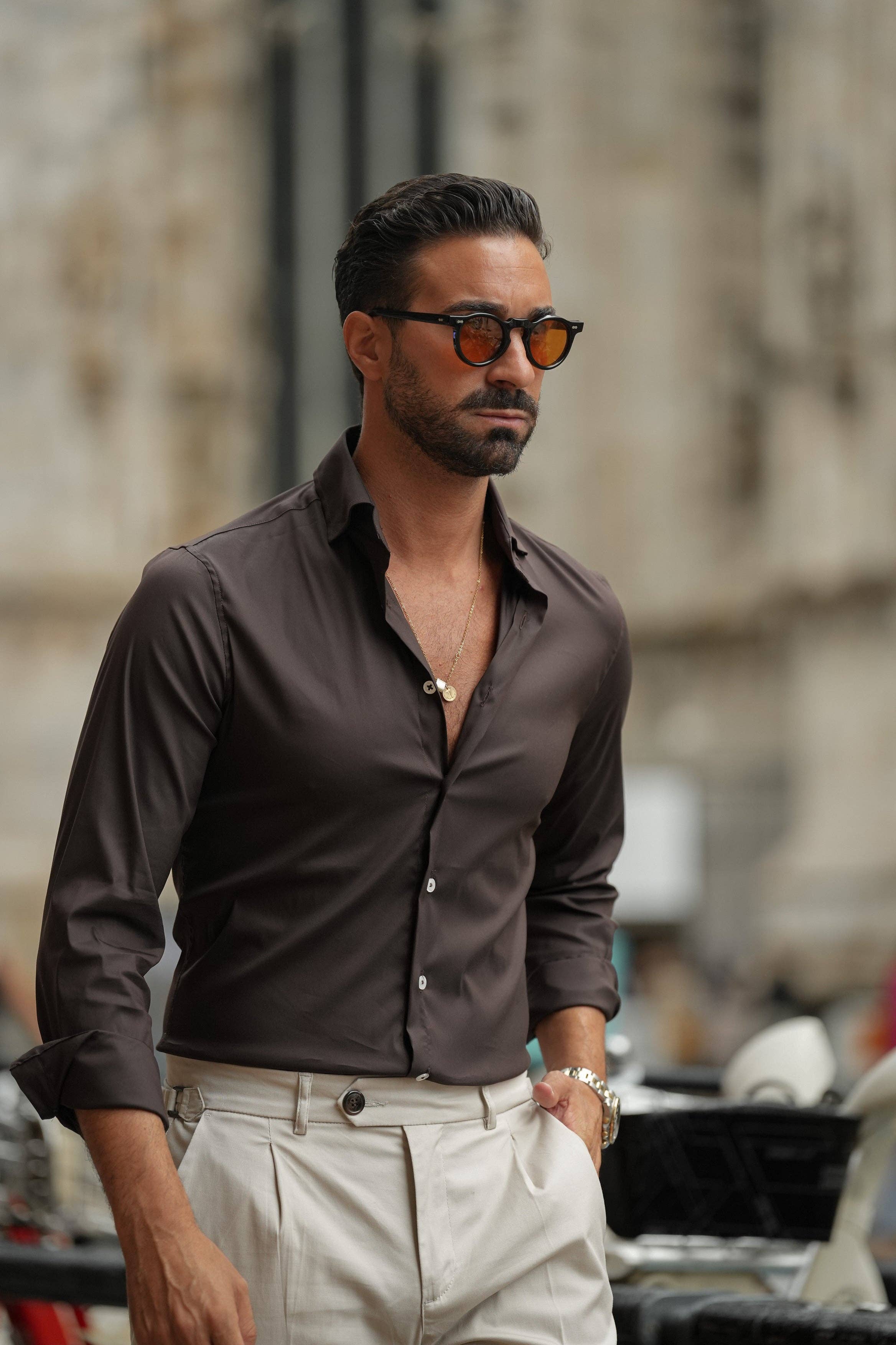 DONATO - Wholesale Button Down Shirt - Men's - Brown shirt slim-fit1