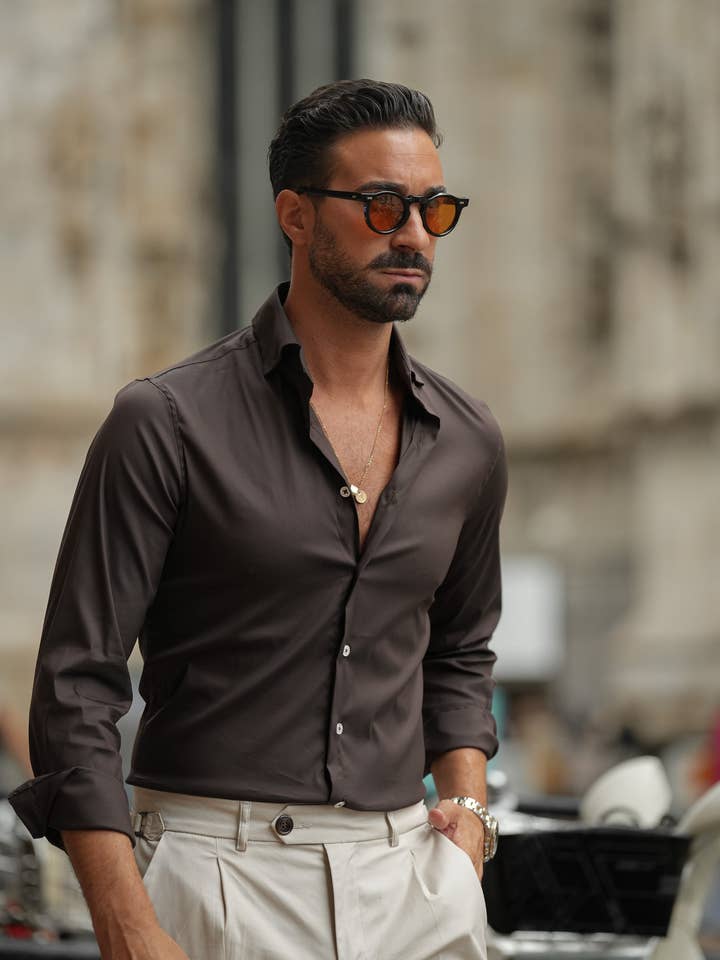 DONATO - Wholesale Button Down Shirt - Men's - Brown shirt slim-fit1