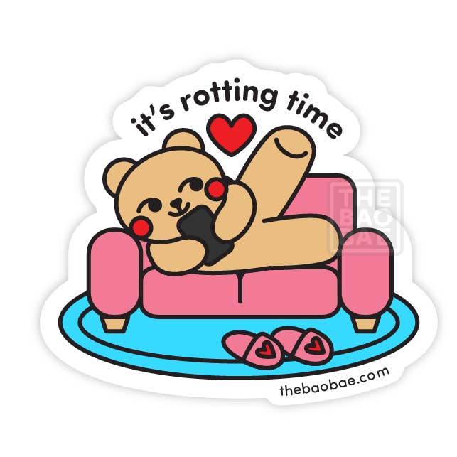 It’s Rotting Time Bear on Couch Sticker for wholesale by The Bao Bae