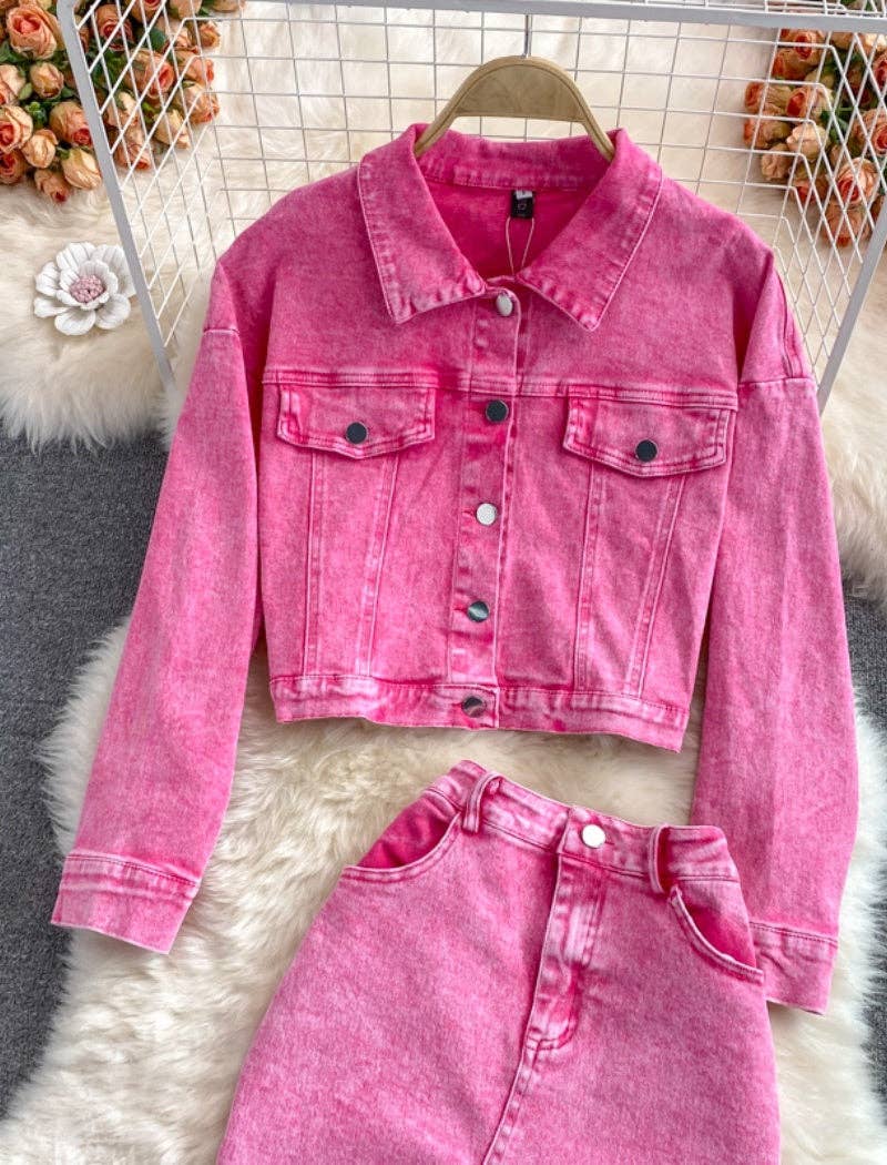 PINK Denim Cropped Jacket and Split-Hem Midi Skirt Set for wholesale on Faire6