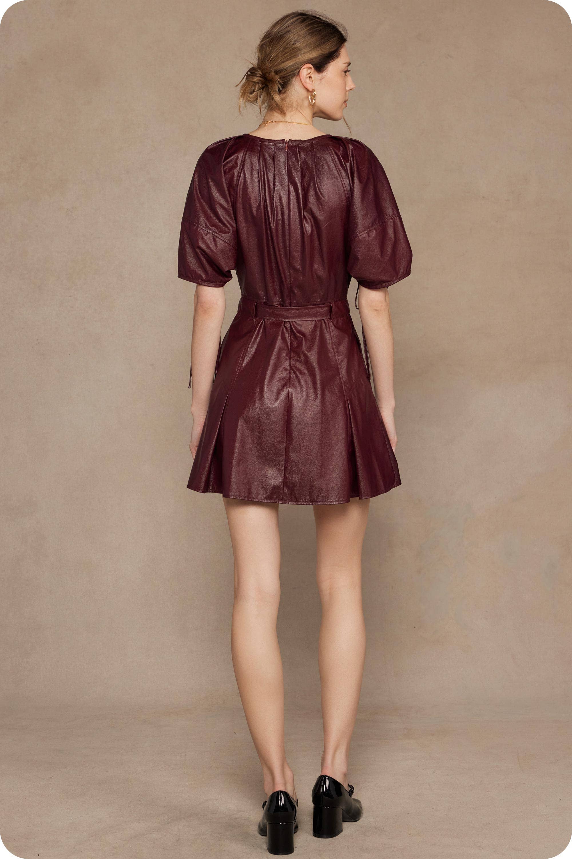 Burgundy Waist Belt Pleated Faux Leather Mini Dress for wholesale on Faire8