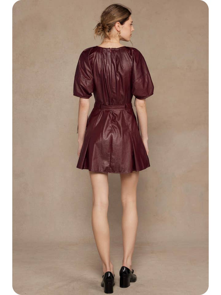 Burgundy Waist Belt Pleated Faux Leather Mini Dress for wholesale on Faire8
