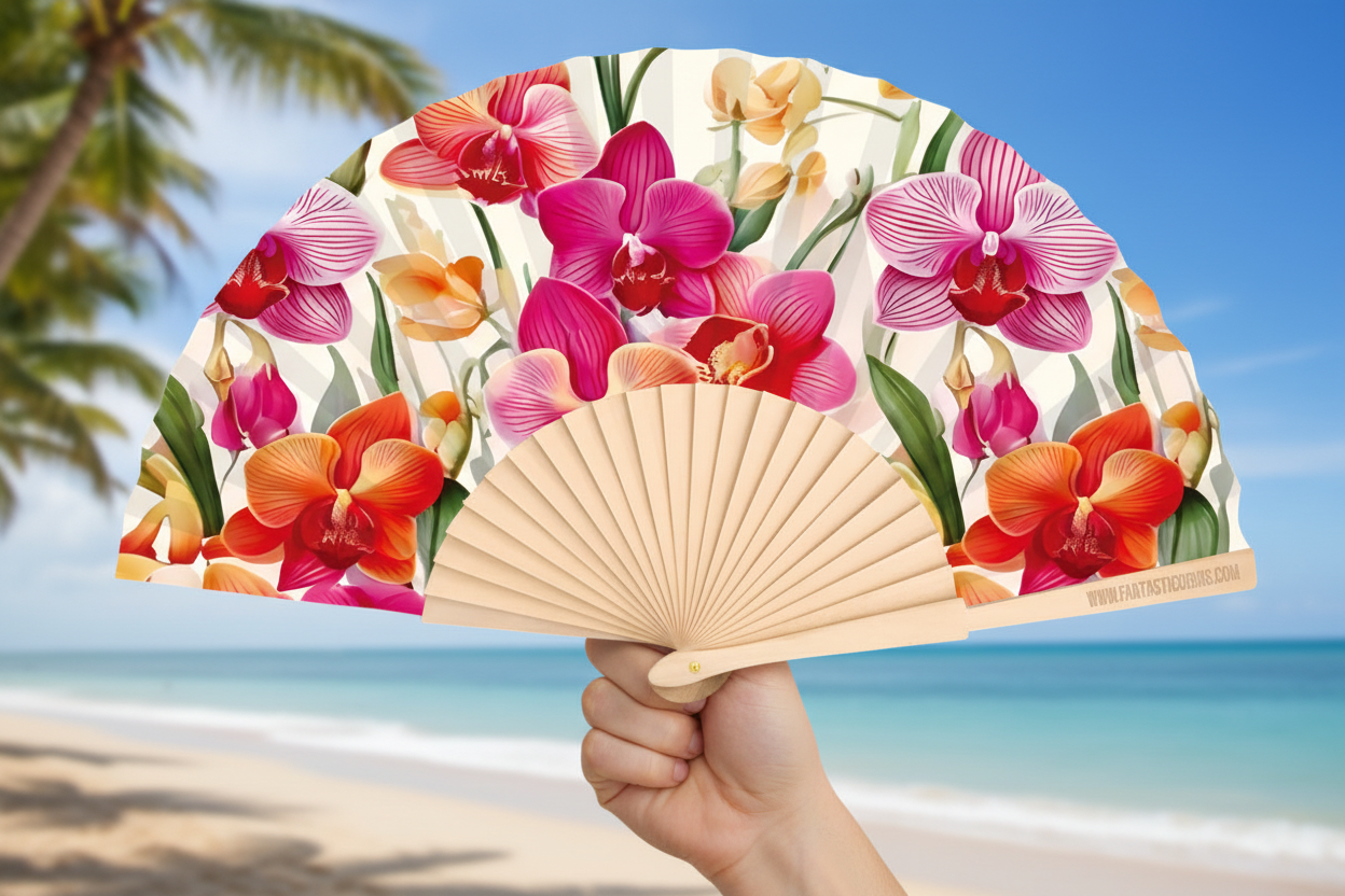 Fantastico Fans - Wholesale Handheld Folding Fan - Orchids Print 23cm fan1