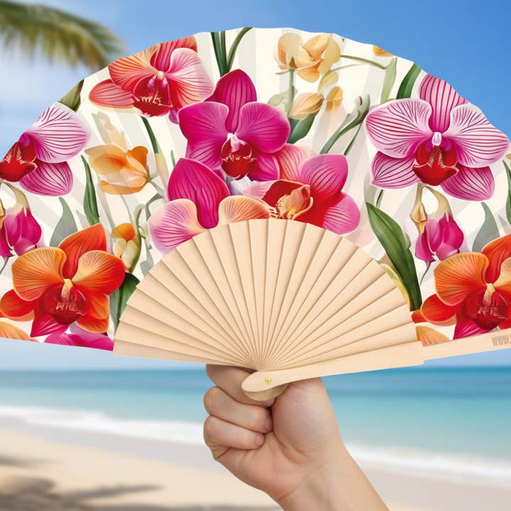 Fantastico Fans - Wholesale Handheld Folding Fan - Orchids Print 23cm fan1