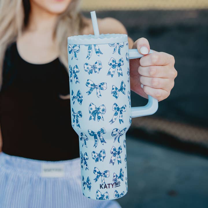 Light Blue Toile Coquette Bows 38 Oz Tumbler for wholesale on Faire