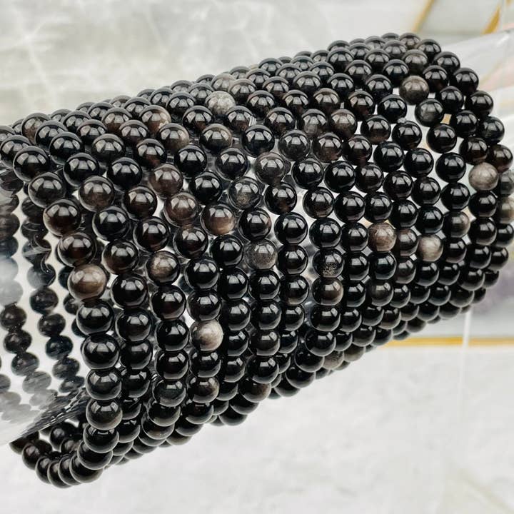Pulseras de obsidiana de cristal plateado de alta calidad de 6 mm para venta al por mayor de Rock Paradise