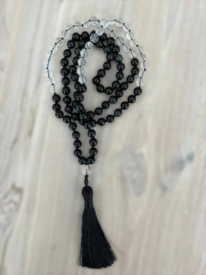 Obsidian and Clear Quartz Mala Necklace - 8mm for wholesale by Luna Rae