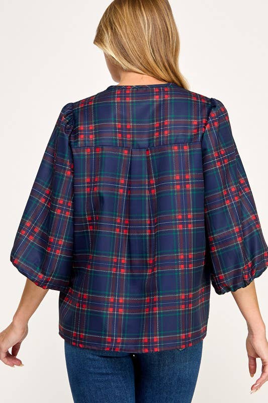 MintChoco - Wholesale Screen Printed T-Shirt - Women's - Plaid Holiday tie front blouse16