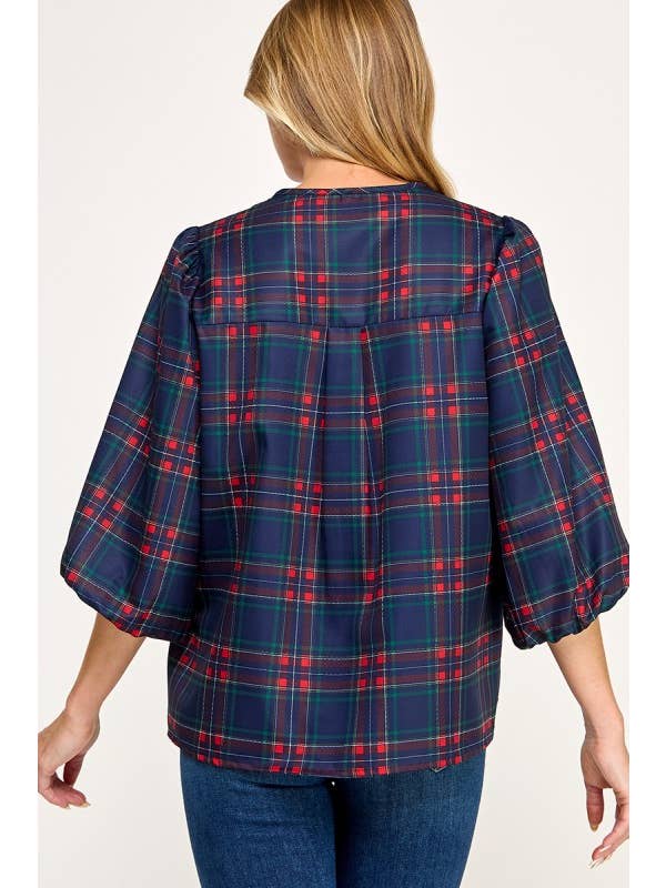 MintChoco - Wholesale Screen Printed T-Shirt - Women's - Plaid Holiday tie front blouse16