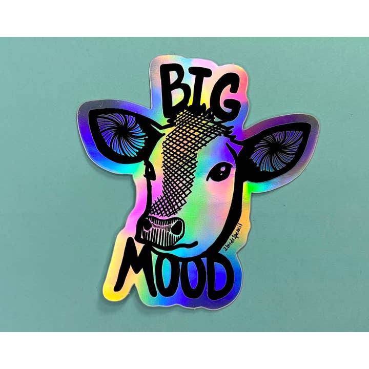 Big Mood Cow Holographic Sticker for wholesale by 2Birds1Pencil Illustrations