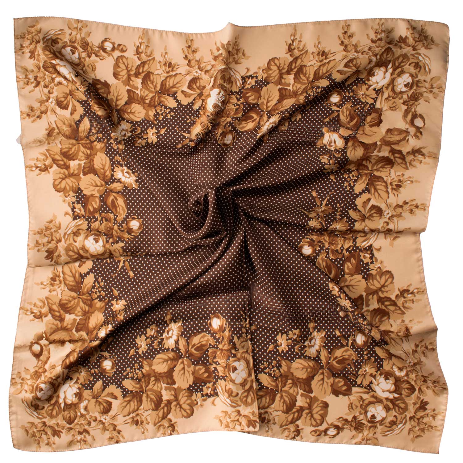 Graffeo Cravatte - Wholesale Sjaal - Dames - Bruine Zijde Sjaal met Witte Stippen en Champagne Kleurige Bloemen F191