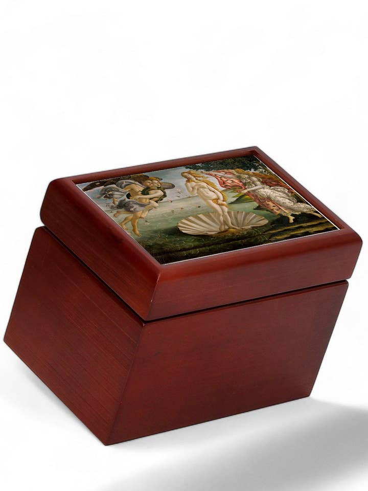 BOÎTE EN BOIS : Boîte en bois doublée pour sachets de thé avec couvercle en carrelage imprimé - Opera « Venere Botticelli » pour la vente par SublimArt