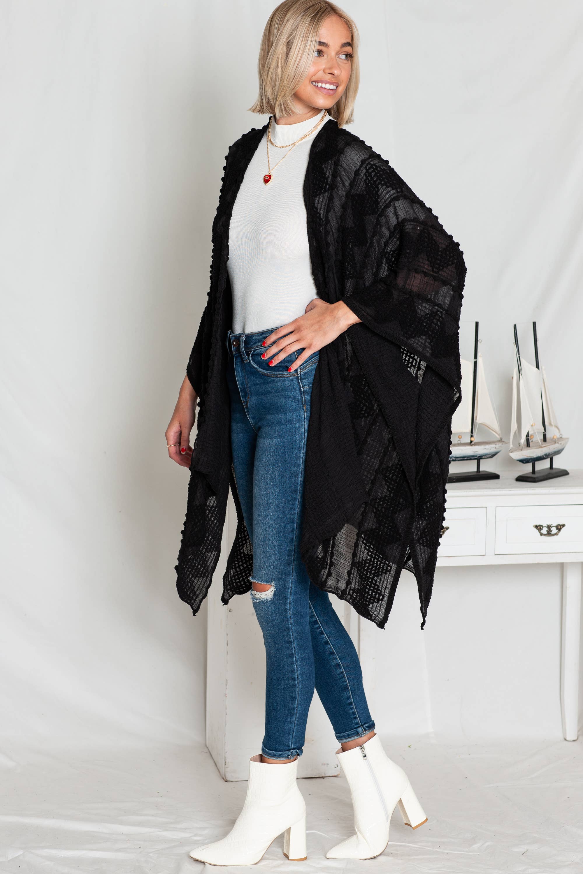 Justin & Taylor - Wholesale Kimono - Women's - Puffer-Up | Soft Textured Cover-Up Kimono With Pom Detail26