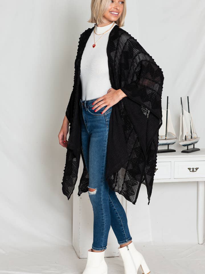 Justin & Taylor - Wholesale Kimono - Women's - Puffer-Up | Soft Textured Cover-Up Kimono With Pom Detail26