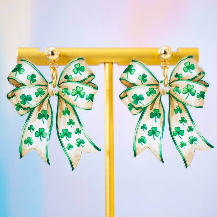 St Patrick's Day Bow Earrings Shamrock Dangles for wholesale by Momenti di Vita