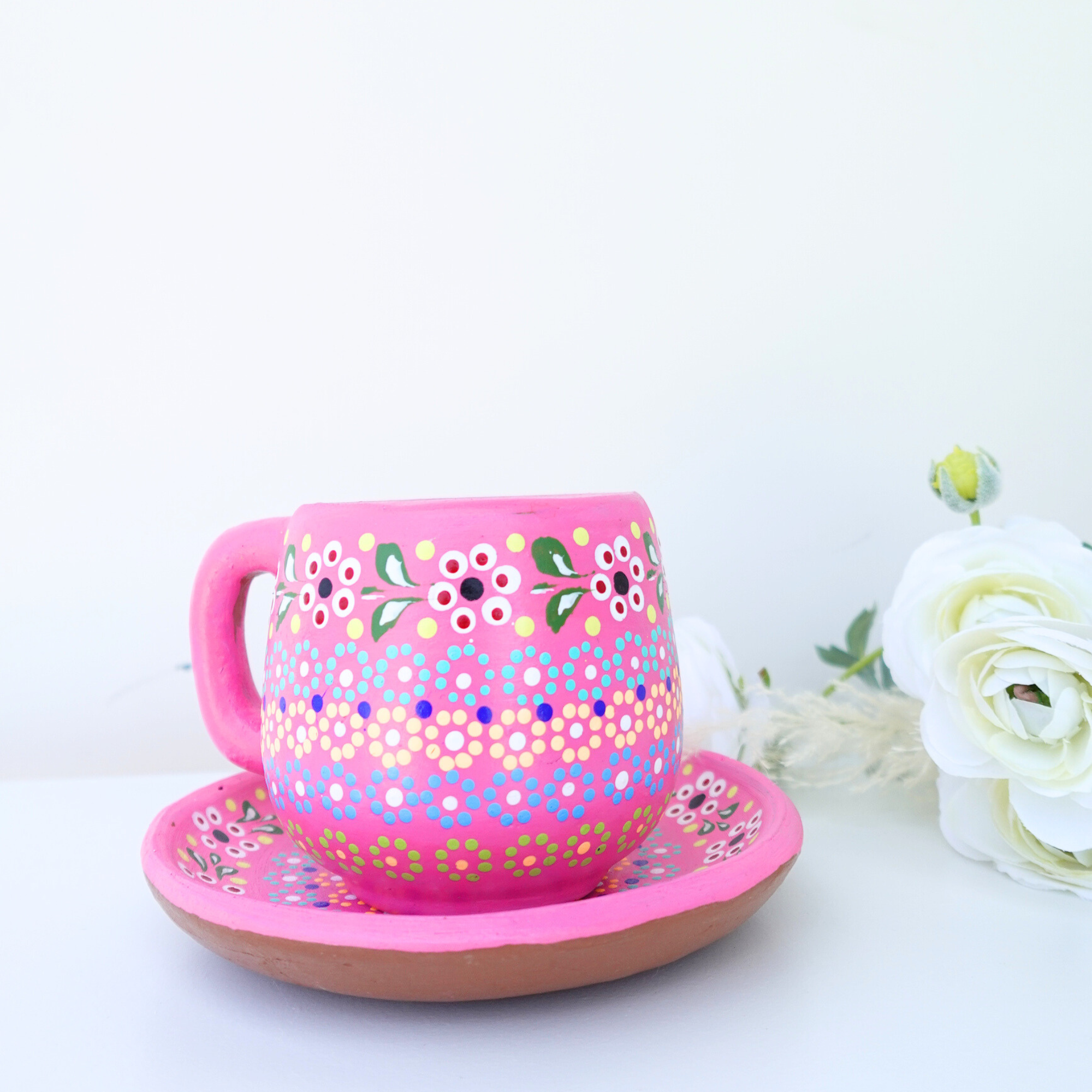 Doña Cata Art - Wholesale Coffee Mug - Taza mexicana Barro Clay with plate1
