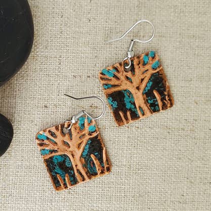 Natural Patina Emboss Small Square Copper Tree Earrings for wholesale by Covaly Artisan Jewelry
