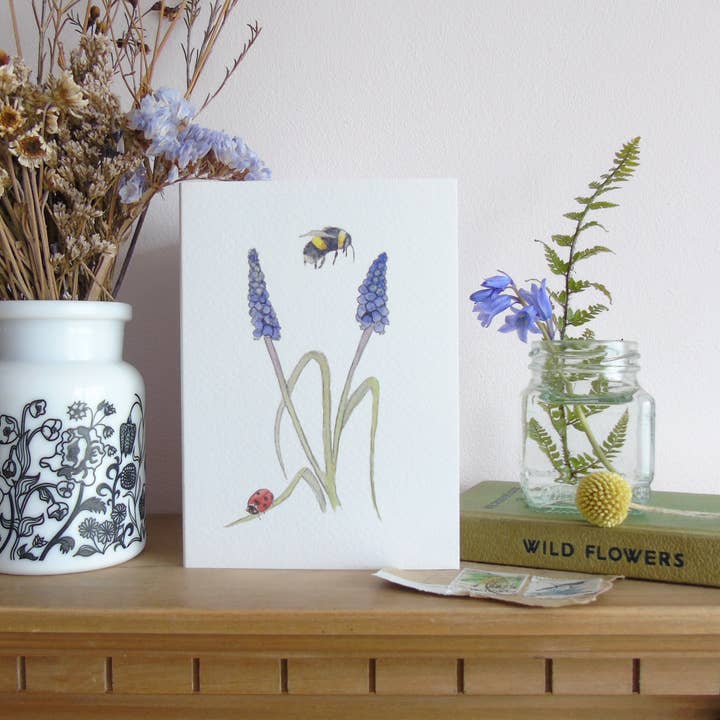 Ladybird and Muscari greetings card for wholesale by Littlebirdy Designs