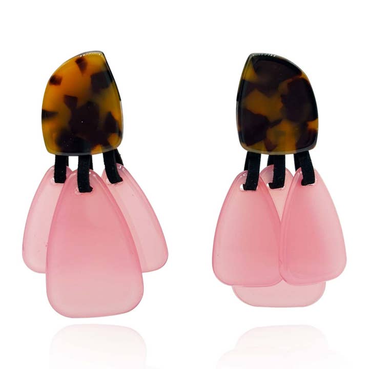 Tortoise Resin Top Earrings With Pale Pink Resin Drops for wholesale by Michael Nash Jewelry