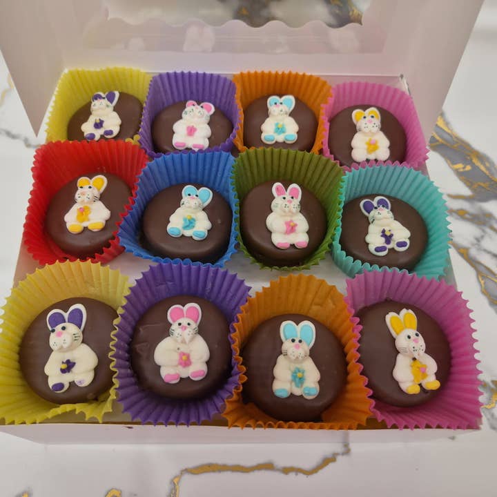 Bunnies on Oreo's Hand Decorated box of 24 for wholesale by Bear Creek Candy Kitchen