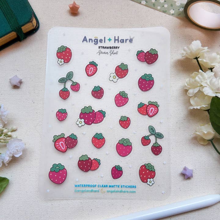 Strawberry Waterproof Sticker Sheet for wholesale by Angel + Hare