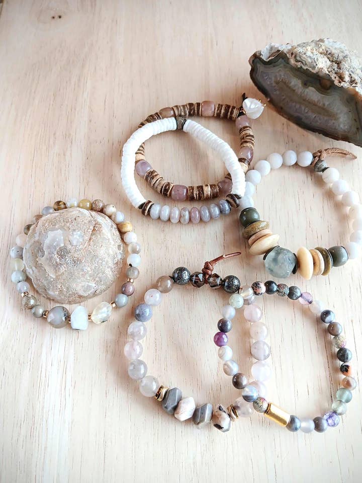 Lavender Wine Stack Bracelets | Matte Agate, Pearl, Glass for wholesale by HavSolStudio