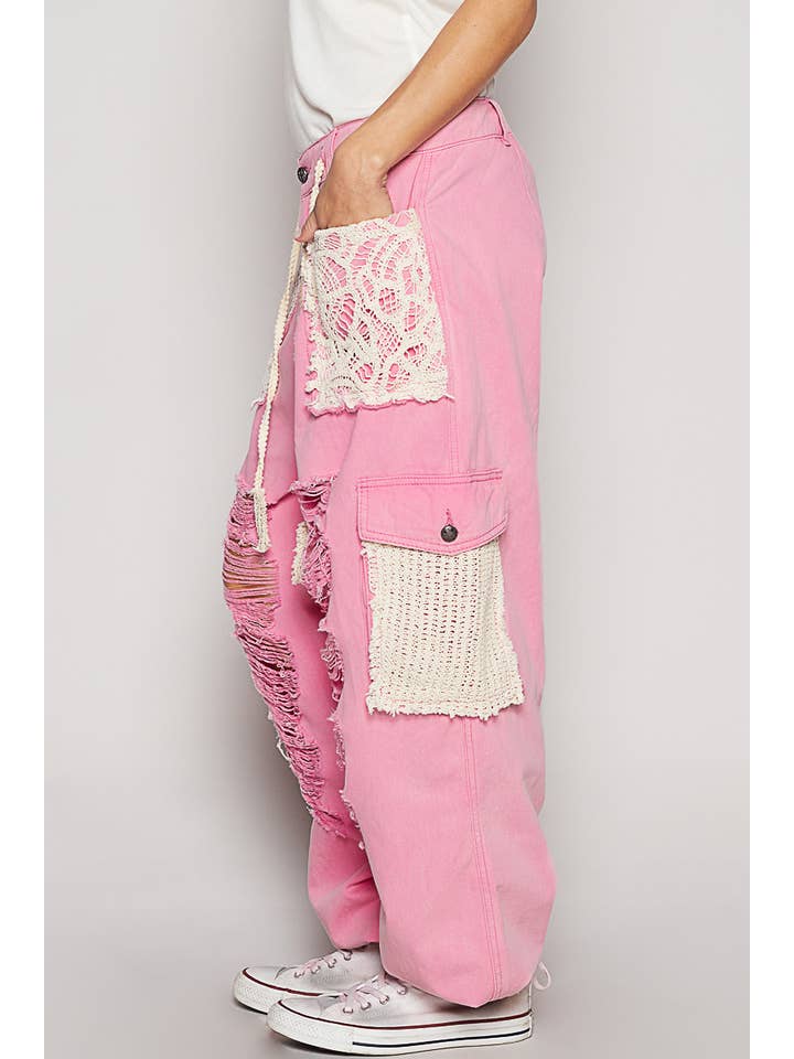 Pol Clothing - Wholesale Pants - Women's - Vintage Wash Crochet Patches Distress Jogger Pants SALE16