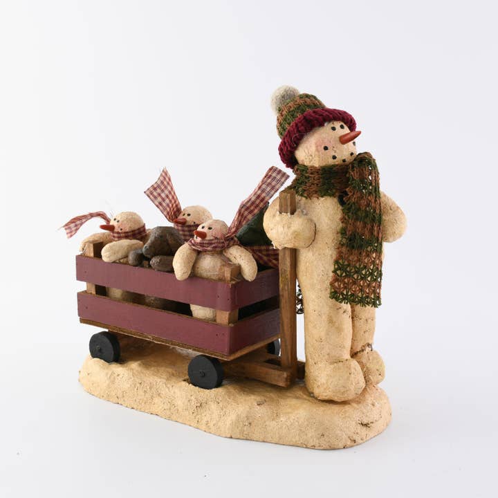 Paper Mache Snowmen Pulling Cart 10 inch Tall for wholesale by Birch Maison